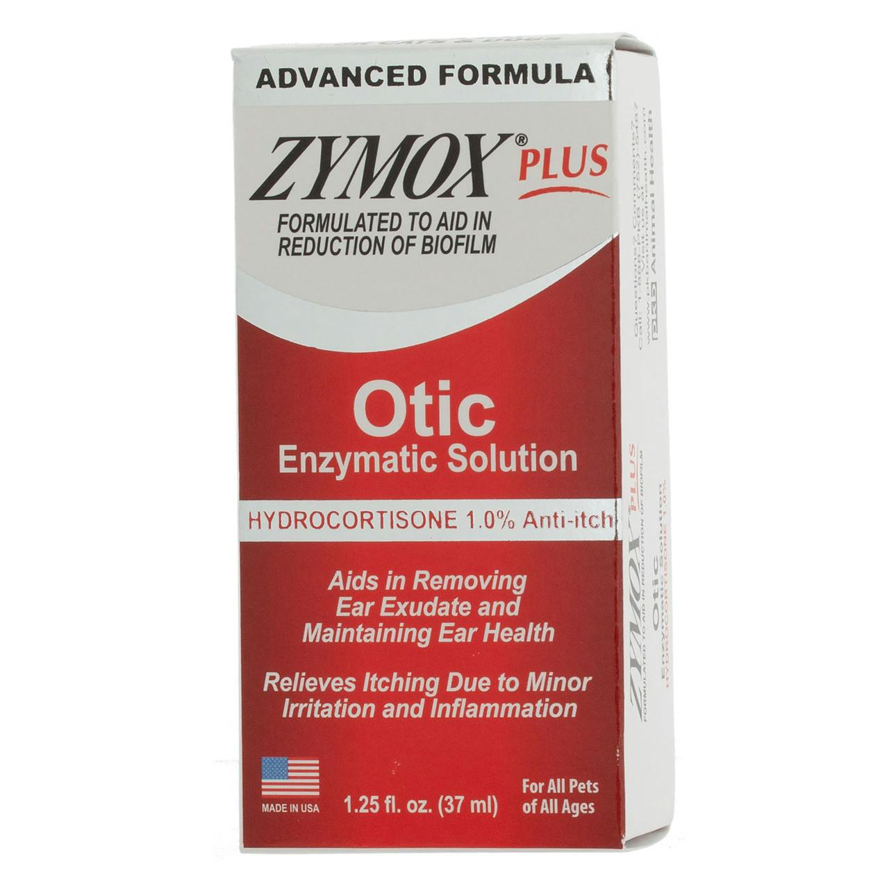 A red & white box says "Advanced Formula ZYMOX Plus Otic Enzymatic Solution". There's a red, white & blue flag in the corner.