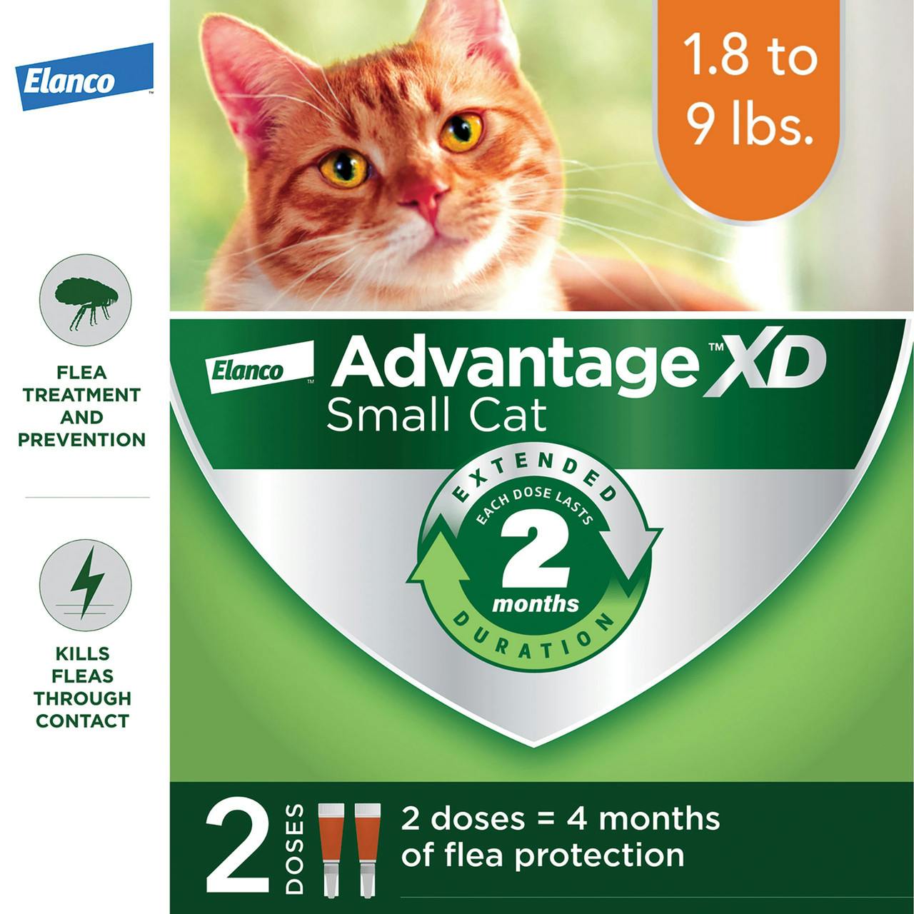 An green label that reads "Advantage XD Small Cat" with an image of a cat. It says "2 doses = 4 months of flea protection.
