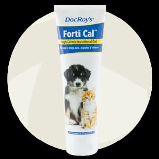 White, blue and yellow tube for Doc Roy's Forti Cal High Calorie Nutritional Gel with a black and white puppy and orange and white kitten.