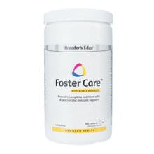 A white bottle with yellow labels says "Breeder's Edge Foster Care". It has a colorful triangular logo on it.