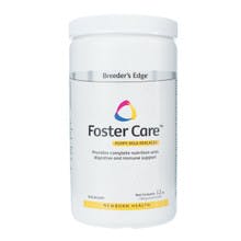 A white container says "Breeder's Edge Foster Care" with yellow labels and a colorful triangular logo.