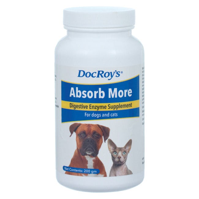 A white bottle with an image of a dog and a cat says "Digestive Enzyme Supplement For Dogs and Cats".
