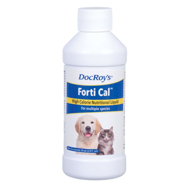 A white bottle has blue & yellow labels & an image of a dog & a cat. The label says "DocRoy's Forti Cal".