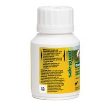 A white bottle with a yellow label that reads "Safe-Guard dewormer" gives a description of the product.