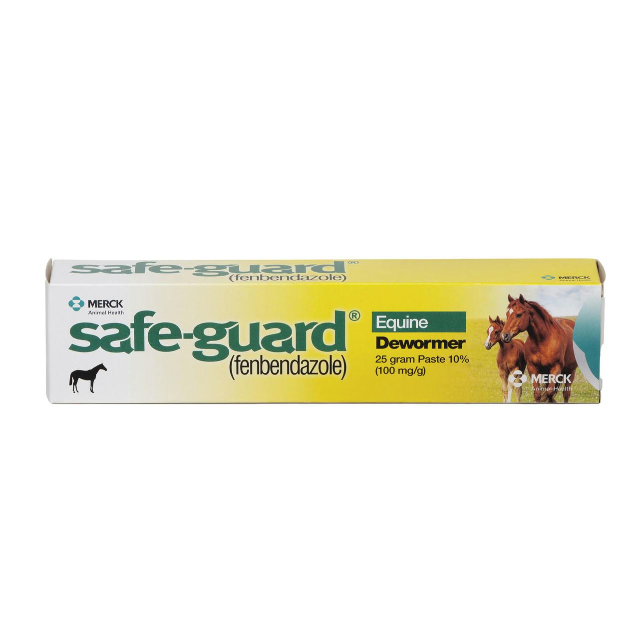 A yellow & green box has images of horses on it. It says "Safe-guard Equine Dewormer"