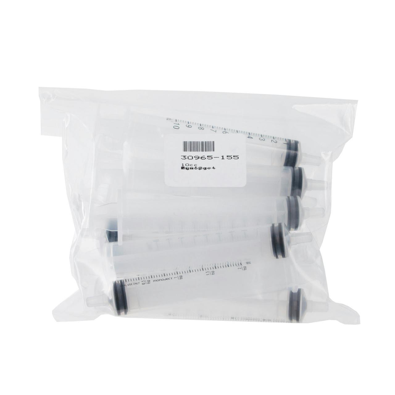 A clear bag that is holding multiple clear syringes.