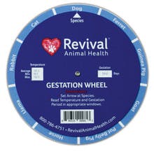 A purple & blue wheel says "Revival Animal Health Gestation Wheel". The edge of the wheel has names of different animals.