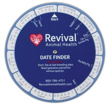 A blue wheel that says "Revival Animal Health Date finder". the edge of the wheel has different months and days.