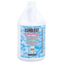 A white jug has a blue and white label. It says "DUMB CAT". There's an image of  a cat in a toilet underneath the writing.