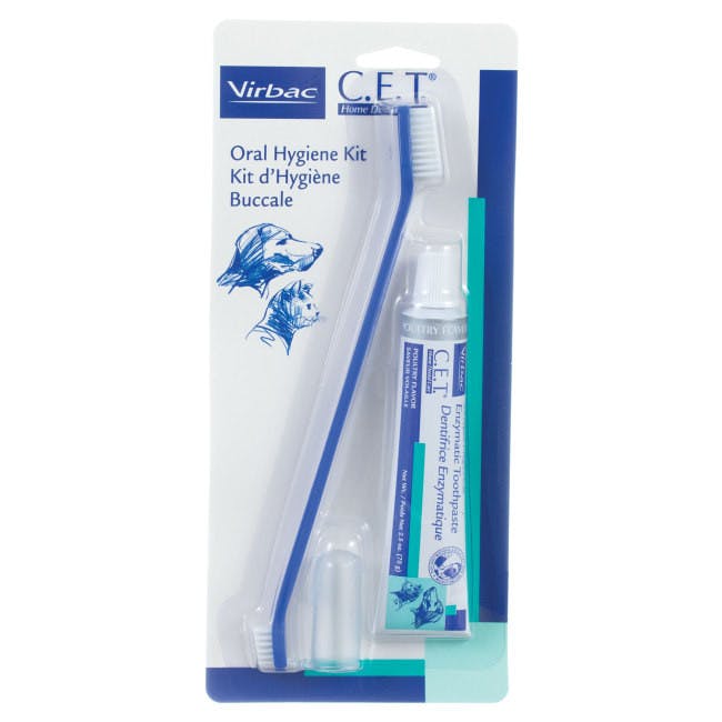 An oral hygiene kit for dogs & cats that contains a toothbrush & paste in a small tube. The packaging is blue, teal & white.