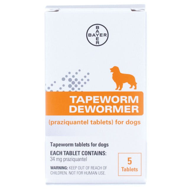 A white box with orange labels & an orange outline of a dog says "Tapeworm Dewormer" tablets for dogs" & "5 tablets".