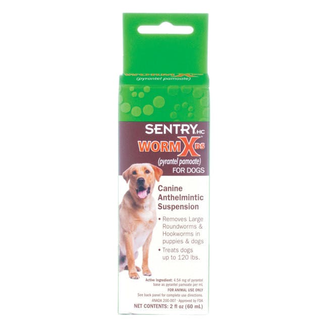 A slim white, brown & green box has an image of a dog on it. It says "Sentry WormX for Dogs".