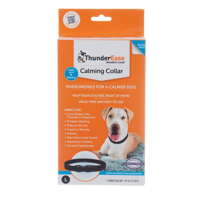 An orange box has an image of a dog & a black dog collar. There's a white label that says "ThunderEase Calming Collar".