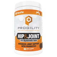 A white container's labeled "Progility Hip & Joint with Hyaluronic Acid" in orange & black. There's shapes & animals on top.