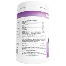 The side of a white and purple container with a label that gives product information on Progility Calming Aid with Melatonin.