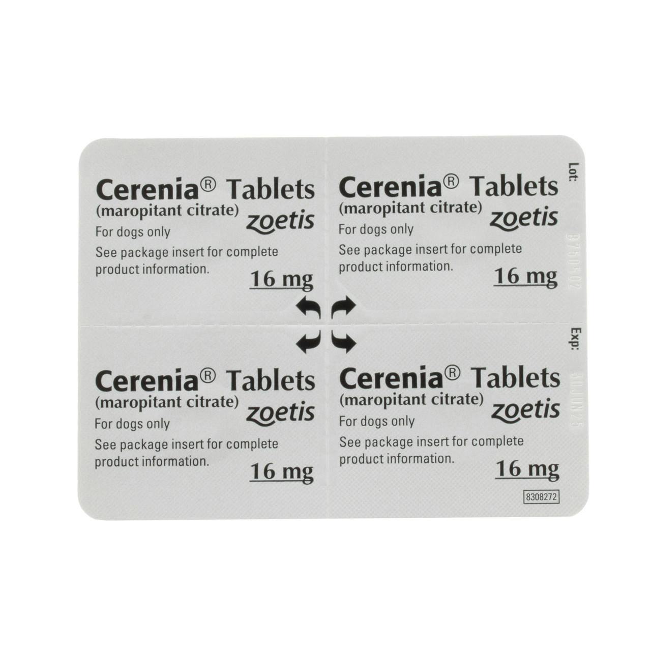 A square gray pack that contains 16mg Cerenia Tablets for dogs.