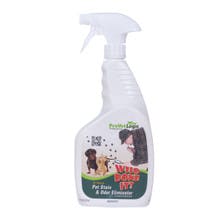 A white spray bottle of Who Done It? pet stain and odor remover.