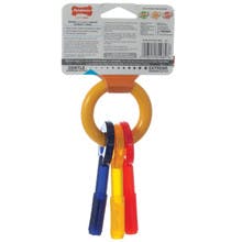 Plastic multicolor key toy that is bacon flavored for teething dogs.