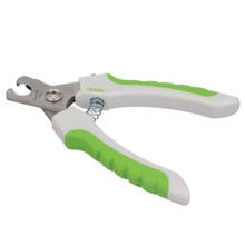 A small pair of white and green nail clippers for pets.