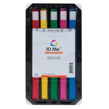 A plastic black pack of colorful strips has a white label on the front that says "ID Me" with a colorful triangular logo.