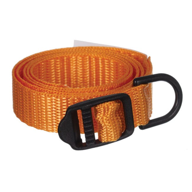 An orange pet leash with a black buckle.
