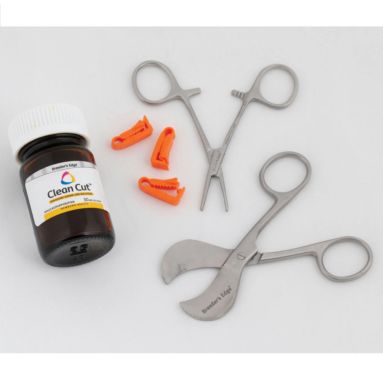 Breeder's Edge® Clean Cut™ Product Bundle with non-staining povidone iodine, precision sharpened umbilical scissors, stainless steel forceps and twelve umbilical clamps