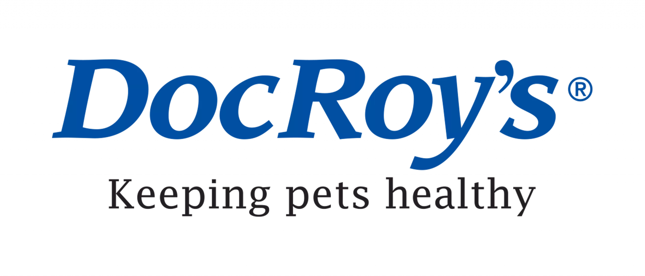Blue and white Doc Roy's logo with the slogan Keeping pets healthy