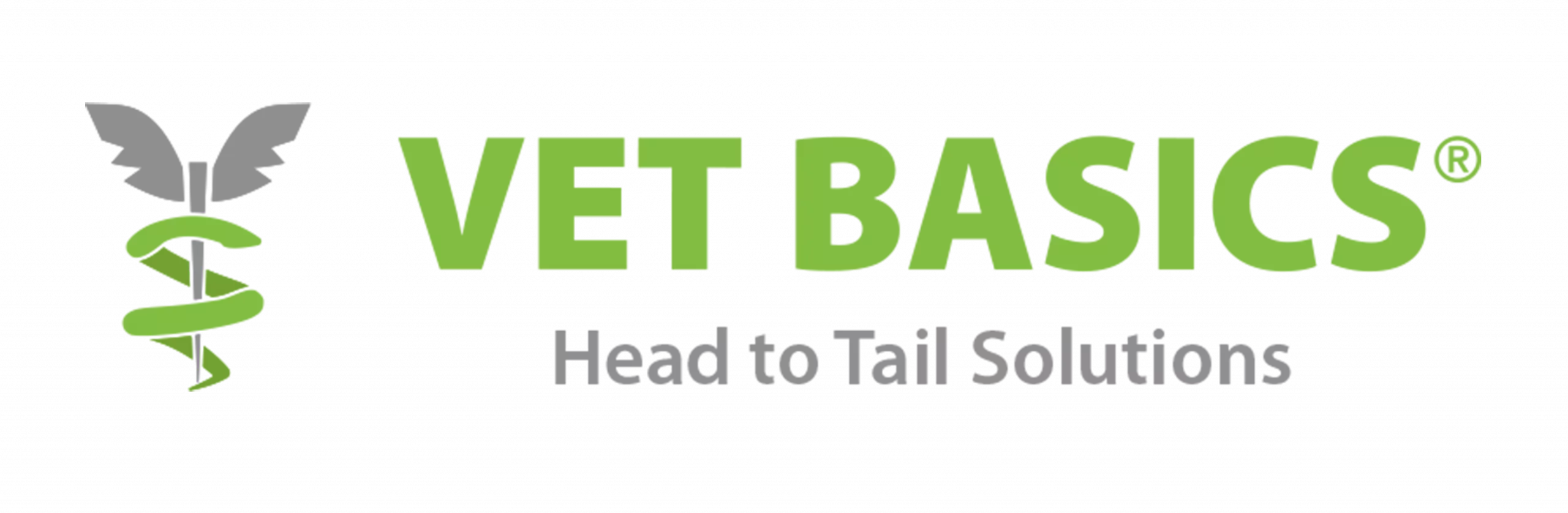 Green and grey Vet Basics logo with the slogan Head to Tail Solutions