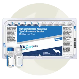 Clear package with a white and blue label for the Canine Distemper-Adenovrius Type 2-Parvovirus Vaccine from TruCan with two vials in front of it