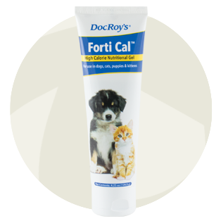 White, blue and yellow tube for Doc Roy's Forti Cal High Calorie Nutritional Gel with a black and white puppy and orange and white kitten.